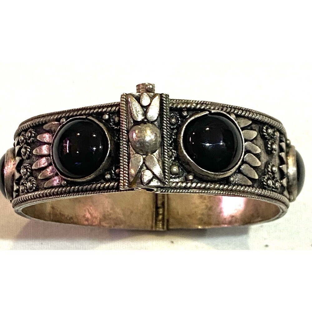 VTG 950 Sterling Silver Panel Cuff Bracelet Mexico Black Onyx Cabochon